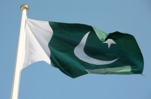 The Pakistani flag flys high in the sky